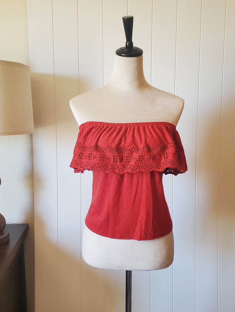 Off-Shoulder Eyelet Ruffle Top - Red